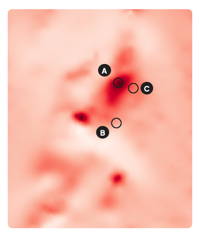 Mapa de magnetometría con las zonas A, B y C del ejercicio de IA en exploración minera